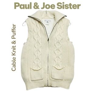 Paul & Joe Sister Cable Vest Wool Cable Knit Lining Pufer Full/Zip Pockets Sz 2
